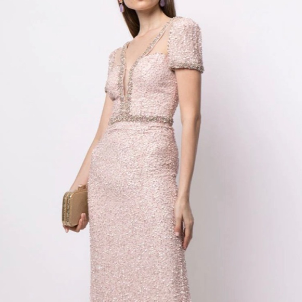 New Culture Jenny Packham Pink Illusion Plunge Beaded Sequin gown. NWT size 12
